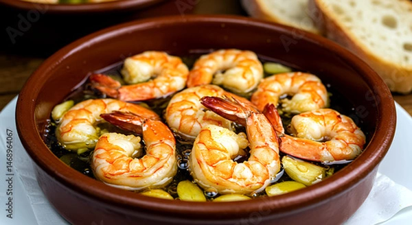 Fototapeta Spanish Gambas al Ajillo plump prawns bubbling in olive oil with sliced garlic and paprika