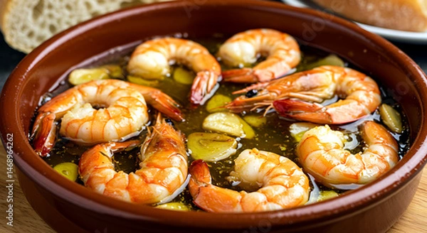 Fototapeta Spanish Gambas al Ajillo plump prawns bubbling in olive oil with sliced garlic and paprika
