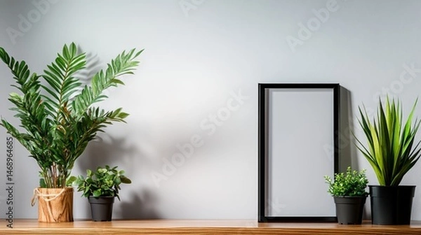 Fototapeta Wooden shelf with a black frame and three potted plants. The shelf is placed against a white wall, creating a simple and clean look