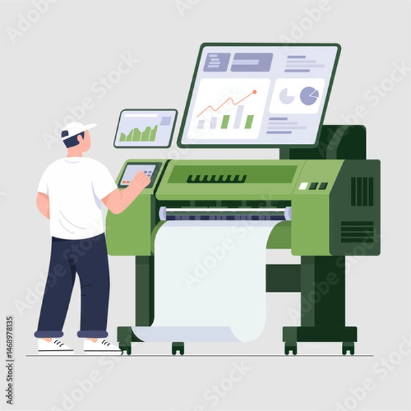 Fototapeta Digital Printing Process Concept – High-Tech Large Format Printer, Graph Data Output, and Image Production Illustration