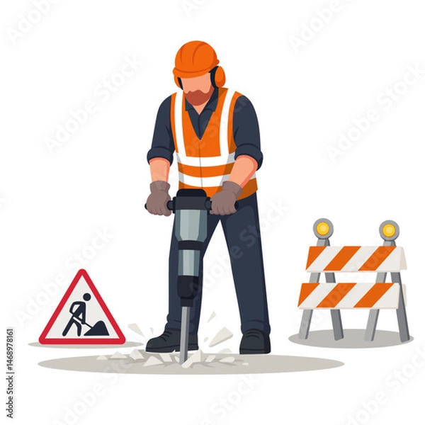 Fototapeta Road Construction Worker Using Jackhammer with Safety Equipment and Warning Signs – Flat Vector Illustration