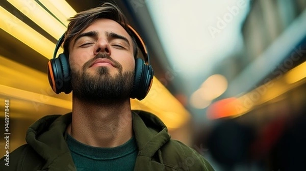 Fototapeta Man wearing headphones is looking away from the camera. He is wearing a green hoodie and he is listening to music