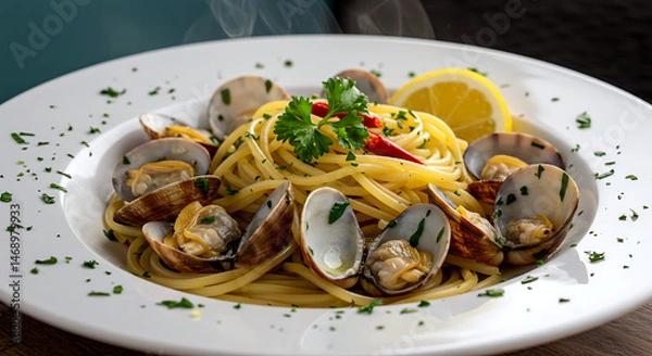 Fototapeta Italian Spaghetti alle Vongole with fresh Manila clams in white wine sauce, chopped parsley and chili flakes 