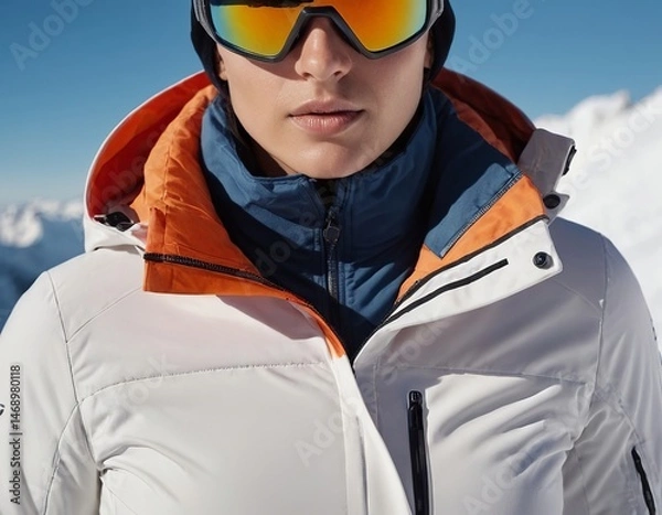 Obraz Female skier in a stylish white jacket and mirrored goggles, poised against a snowy mountain backdrop.