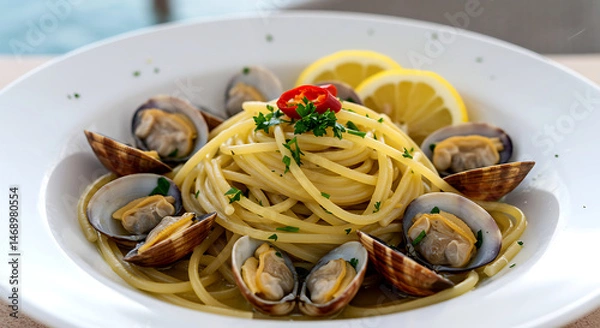 Fototapeta Italian Spaghetti alle Vongole with fresh Manila clams in white wine sauce, chopped parsley and chili flakes 