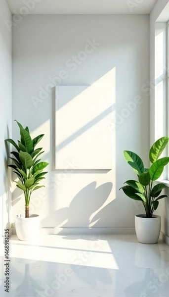 Fototapeta White empty room with natural light & plants Ideal for virtual backgrounds , blank, bright, simple