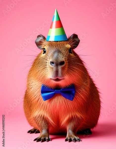 Fototapeta Capybara in a bow tie and a festive hat.