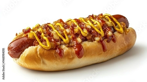 Fototapeta Gourmet hot dog with bacon, onions, and sauce