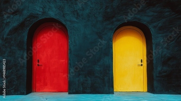 Fototapeta Two doors, one red and one yellow, are next to each other. The red door is on the left and the yellow door is on the right