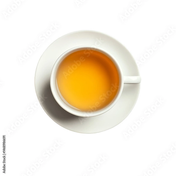 Obraz A top view of a simple transparent tea cup filled with golden tea on a minimalistic transparent background, Top view tea cup on transparent backgroundfile