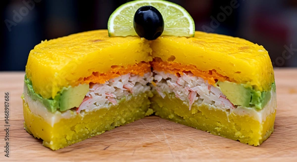 Fototapeta Peruvian Causa Rellena, layered potato terrine - yellow potato, avocado, and crab filling with visible aji amarillo streaks