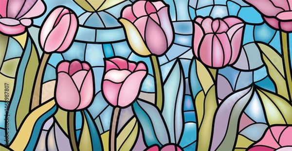 Fototapeta Stained glass floral design, black border pattern, suitable for background, wallpaper and print materials.