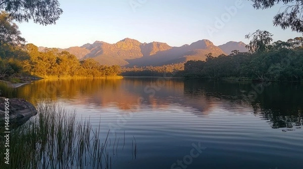 Fototapeta Serene lake reflecting the golden light on the mountains and surrounding trees at dawn, creating a peaceful and scenic vista, ideal for nature lovers and landscape photography enthusiasts