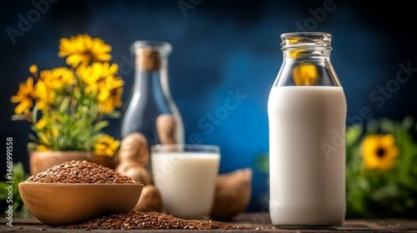 Fototapeta Bottle of milk is placed on a table next to a bowl of nuts and a vase of flowers. The table is surrounded by potted plants, creating a cozy and inviting atmosphere