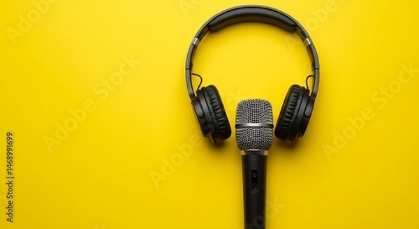 Fototapeta This top-down image displays a black microphone with a silver mesh grill and a pair of black over-ear headphones resting on it, all against a solid yellow backdrop