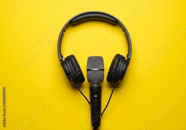 Fototapeta The image features a black and silver microphone with black headphones placed over its head, presented on a vibrant yellow background in a top-down studio view