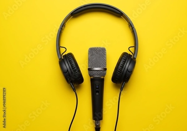 Fototapeta This studio shot captures a black microphone with silver detailing, topped by a pair of black over-ear headphones, all isolated on a vivid yellow background