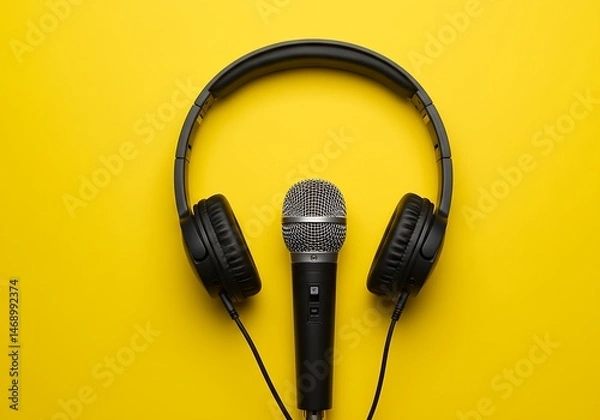 Fototapeta A microphone, black with a silver mesh, is centrally positioned with black headphones placed over its earpieces, against a stark yellow background in a direct overhead view