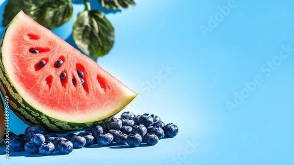 Fototapeta Watermelon is cut in half and placed on a blue background. The watermelon is surrounded by blueberries and leaves