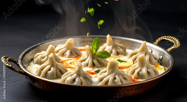 Fototapeta Turkish Manti, miniature lamb dumplings - tiny pleated parcels in garlic yogurt with paprika butter swirls 