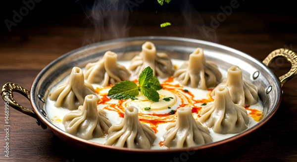 Fototapeta Turkish Manti, miniature lamb dumplings - tiny pleated parcels in garlic yogurt with paprika butter swirls 
