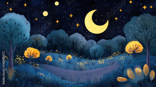 Fototapeta Artistic nighttime landscape painting featu a crescent moon glowing over a dark blue sky filled with stars and floating bubbles, surrounded by trees and glowing plants
