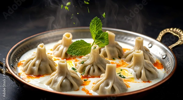 Fototapeta Turkish Manti, miniature lamb dumplings - tiny pleated parcels in garlic yogurt with paprika butter swirls 
