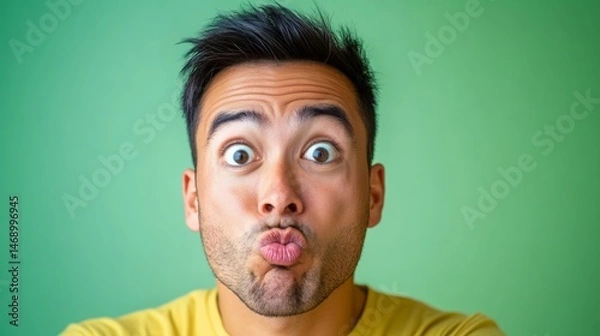 Fototapeta Man with a yellow shirt and a black beard is making a funny face. He is making a silly face and his eyes are wide open