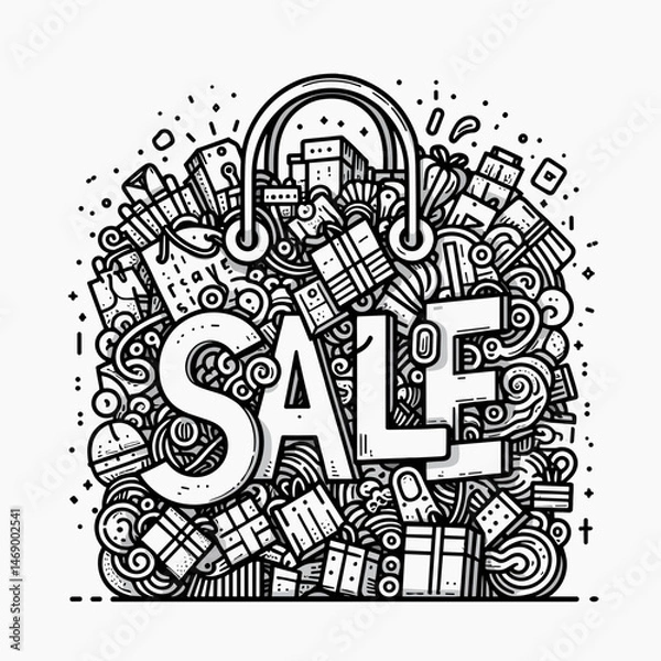 Fototapeta Sale Shopping Bag Full of Gifts and Items in Doodle Style  