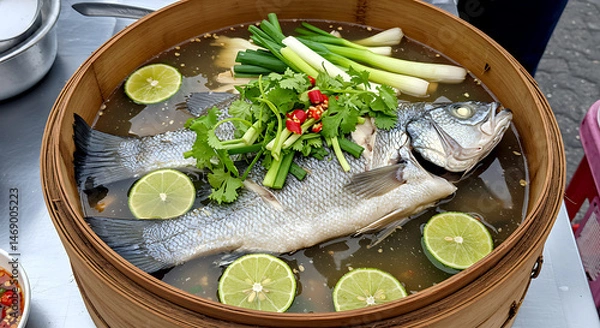 Fototapeta Thai Pla Kapong Neung Manao steamed sea bass with lime-chili sauce with scallions and cilantro