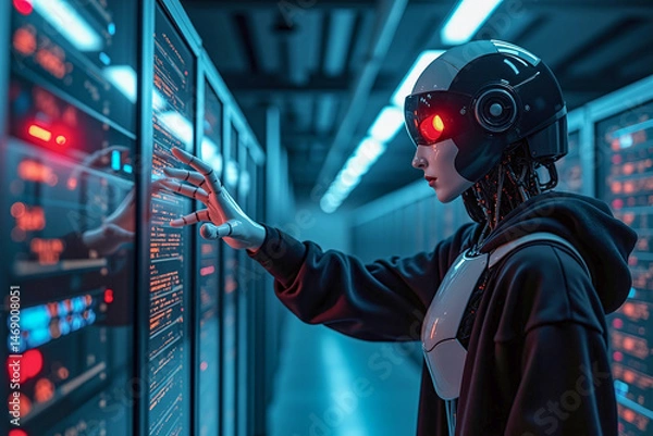 Fototapeta Suspect white AI robot wear hood jacket standing in data center server modern office working room in concept of cyber security hacking risk and privacy leak in cloud computing technology solution