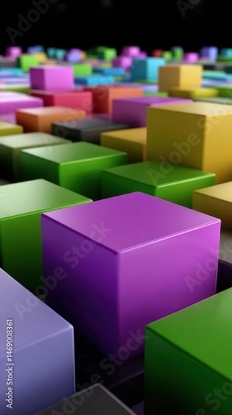 Obraz Abstract Arrangement of Colorful Cubes in a Dynamic Composition, Featuring Depth of Field and Isometric Perspective