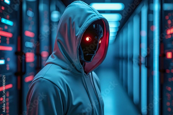 Fototapeta Suspect black AI robot wear hood jacket standing in data center server modern office working room in concept of cyber security hacking risk and privacy leak in cloud computing technology solution