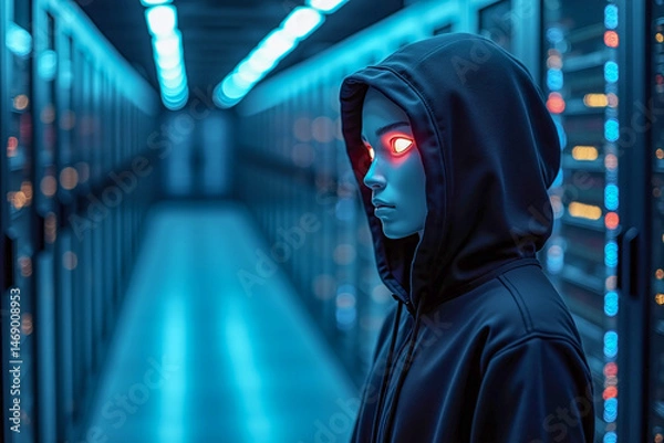 Fototapeta Suspect white AI robot wear hood jacket standing in data center server modern office working room in concept of cyber security hacking risk and privacy leak in cloud computing technology solution