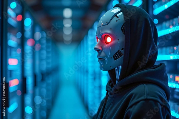 Fototapeta Suspect white AI robot wear hood jacket standing in data center server modern office working room in concept of cyber security hacking risk and privacy leak in cloud computing technology solution