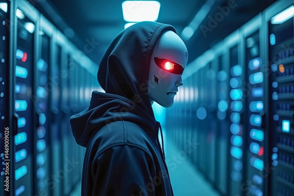 Fototapeta Suspect white AI robot wear hood jacket standing in data center server modern office working room in concept of cyber security hacking risk and privacy leak in cloud computing technology solution