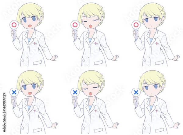 Fototapeta マルバツ棒を持つ金髪の女性薬剤師・3種類の表情と2種類の記号セット