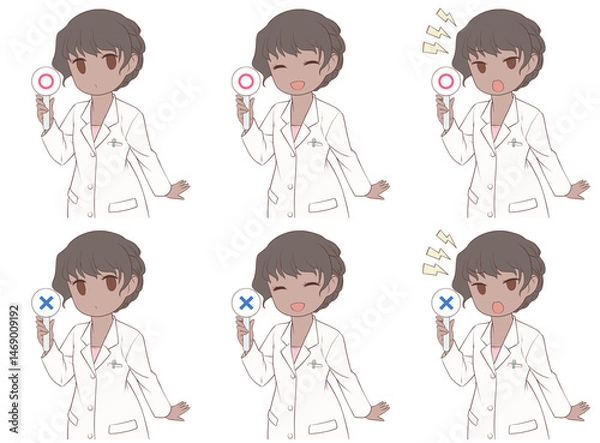 Fototapeta マルやバツの書かれたプラカードを持つ褐色肌の女性薬剤師。3種類の表情と2種類の記号セット