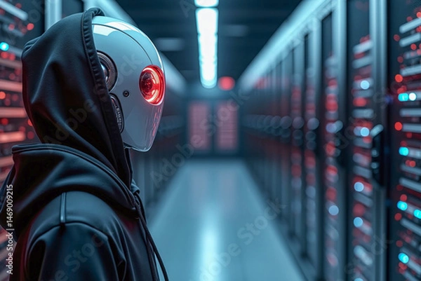 Fototapeta Suspect white AI robot wear hood jacket standing in data center server modern office working room in concept of cyber security hacking risk and privacy leak in cloud computing technology solution