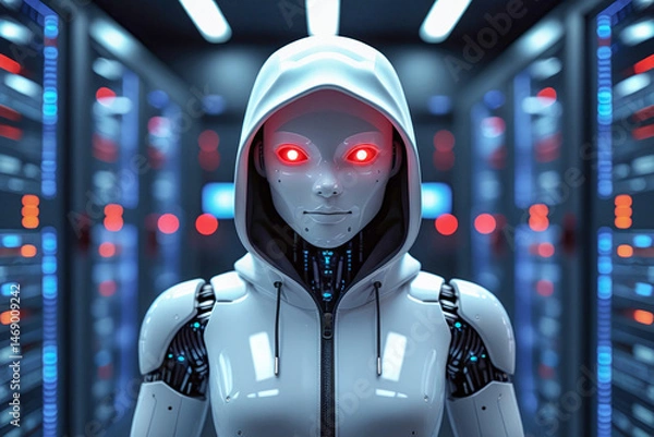 Fototapeta Suspect white AI robot wear hood jacket standing in data center server modern office working room in concept of cyber security hacking risk and privacy leak in cloud computing technology solution
