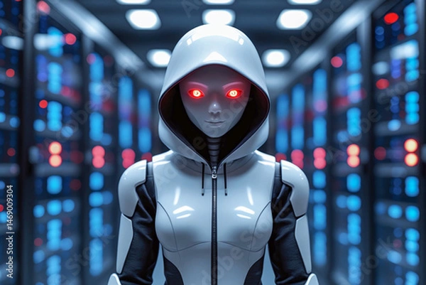Fototapeta Suspect white AI robot wear hood jacket standing in data center server modern office working room in concept of cyber security hacking risk and privacy leak in cloud computing technology solution