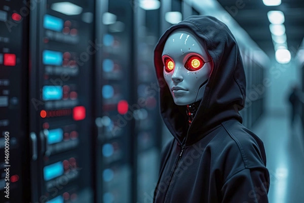 Fototapeta Suspect white AI robot wear hood jacket standing in data center server modern office working room in concept of cyber security hacking risk and privacy leak in cloud computing technology solution