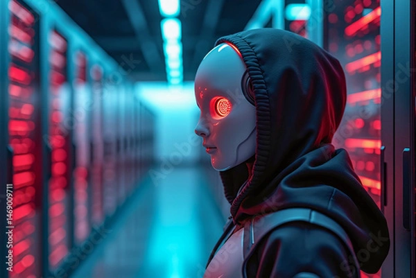 Fototapeta Suspect white AI robot wear hood jacket standing in data center server modern office working room in concept of cyber security hacking risk and privacy leak in cloud computing technology solution
