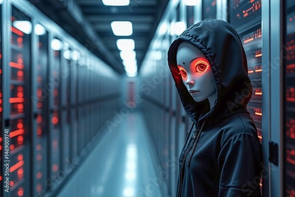 Fototapeta Suspect white AI robot wear hood jacket standing in data center server modern office working room in concept of cyber security hacking risk and privacy leak in cloud computing technology solution