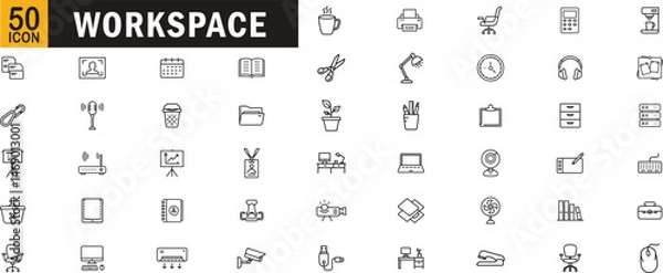Obraz Workspace outline icon set. Office, desk, computer, keyboard, coffee, printer, lamp, chair, files, and work tools and more.