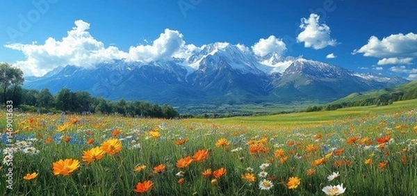 Fototapeta Majestic Mountain Meadow: A breathtaking panorama of vibrant wildflowers blooming in a lush alpine meadow, with a majestic snow-capped mountain range as a backdrop under a bright blue sky.