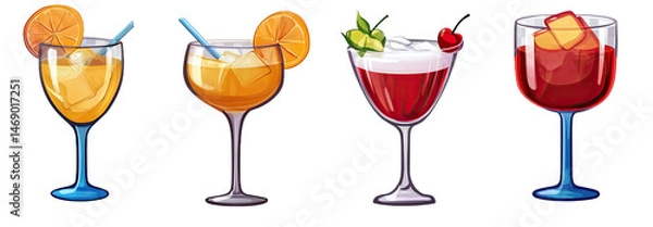 Obraz 4 types of drinks with varied shapes isolated on transparent background. Vector graphics for mixology guides, party posters, beverage menus