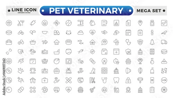 Fototapeta Set of line icons related to pet, care, veterinary, vet, and healthcare. Set of outline veterinarian icons. Animals veterinary icons. Pet and Vet Line Icon Set. Editable stroke outline icon. 