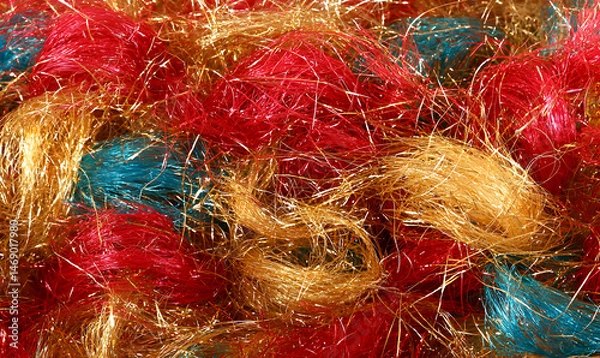 Fototapeta Vibrant tangled threads of red, gold, and teal create a textured abstract
