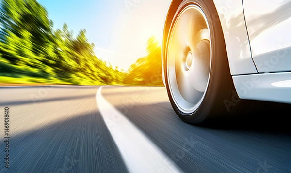Obraz White car speeding down a sunny road with motion blur, suggesting fast travel